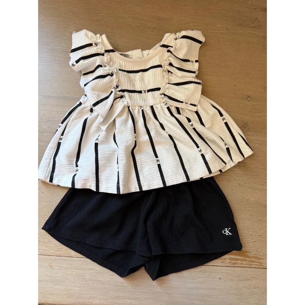 Toddler Girl 2T Bundle Calvin Klein Striped Set, Rabbit Bear Organic Daisy Set
